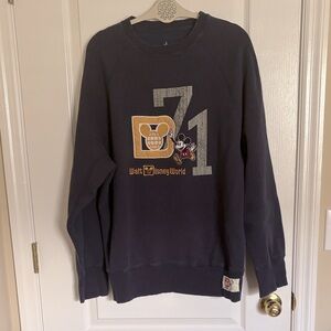 Vtg. Disney Parks Men's Navy Crewneck Sweater with Mickey and '71 Design